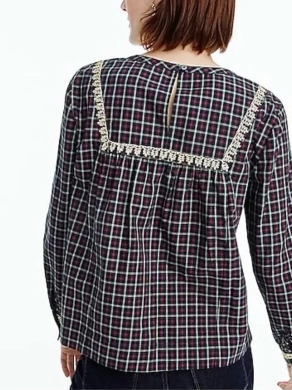 J Crew plaid long sleeve top with gold embroidery embellishments